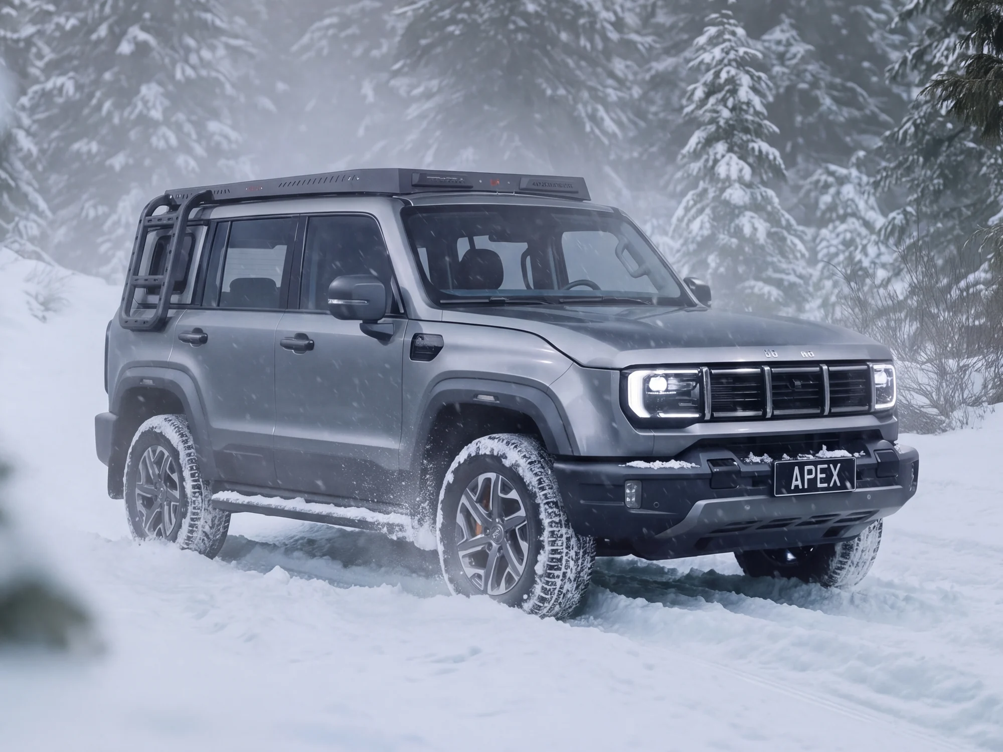 BAIC BJ40 im verschneiten Winterwald