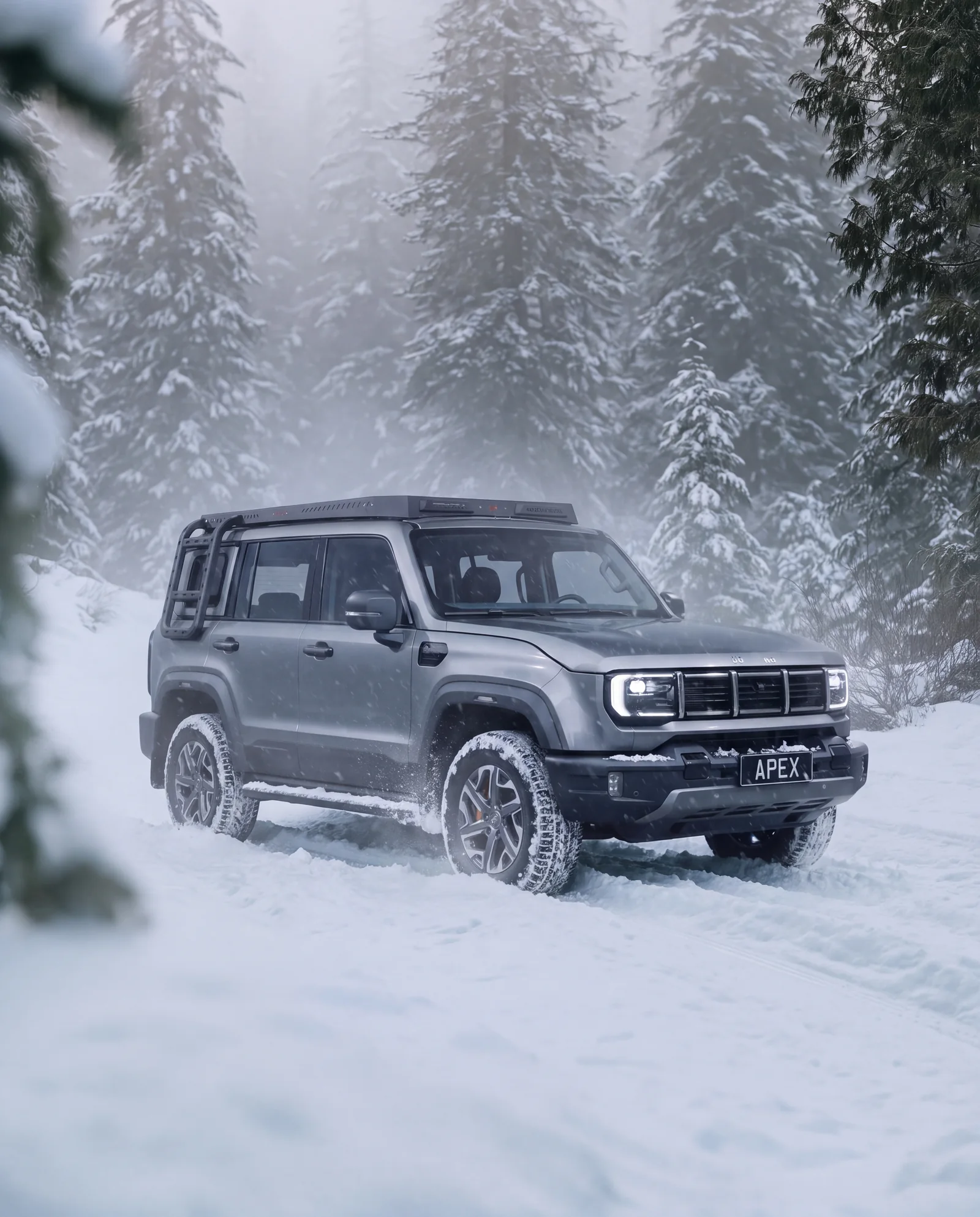 BAIC BJ40 mit Dachträger und Leiter im verschneiten Winterwald
